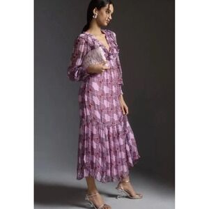 Anthropologie The Odetta Ruffled V-Neck Dress Size Small Tiered V Neck Retro